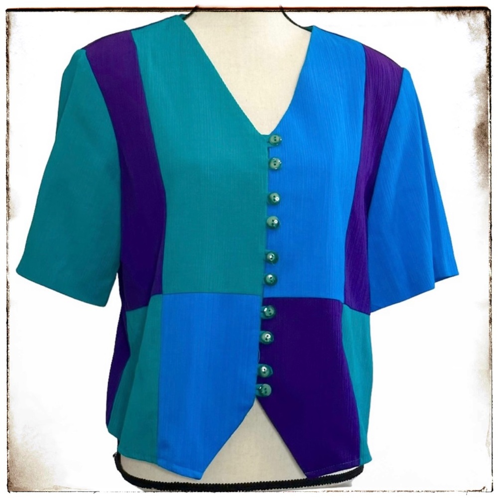 Christine David Blouse 16 Color Block Button Down
